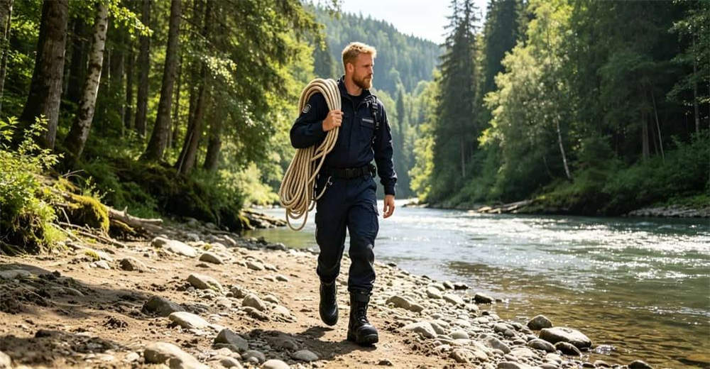 Rescue team walking along rocky river bank wearing black leather water rescue boots, heading to swift water rescue operation site Rescue team walking along rocky river bank wearing black leather water rescue boots, heading to swift water rescue operation site