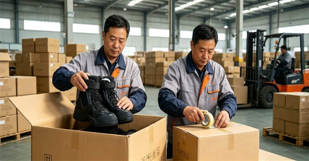 Export cardboard box with black leather water rescue boots inside, ready for wholesale shipment to international rescue organizations for professional rescue teams worldwide. Export cardboard box with black leather water rescue boots inside, ready for wholesale shipment to international rescue organizations for professional rescue teams worldwide.