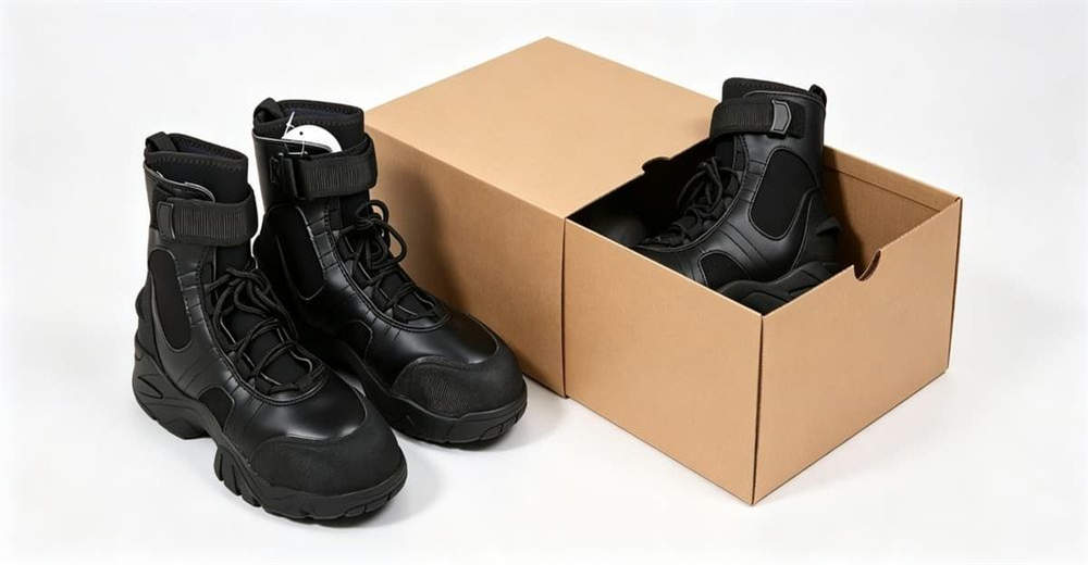Close-up of black leather water rescue boots in shallow rocky water, showing waterproof upper and quick drainage design for professional rescue teams worldwide. Close-up of black leather water rescue boots in shallow rocky water, showing waterproof upper and quick drainage design for professional rescue teams worldwide.