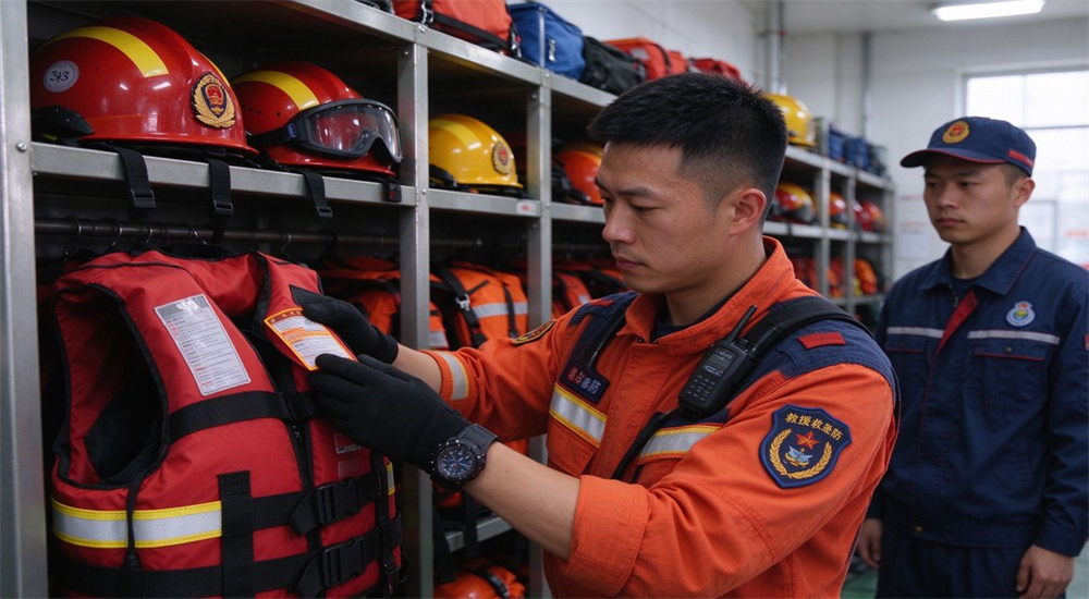 Gear inspection in equipment room with team member checking PFD webbing buckles and dry suit seals during pre flood season preparation checklist