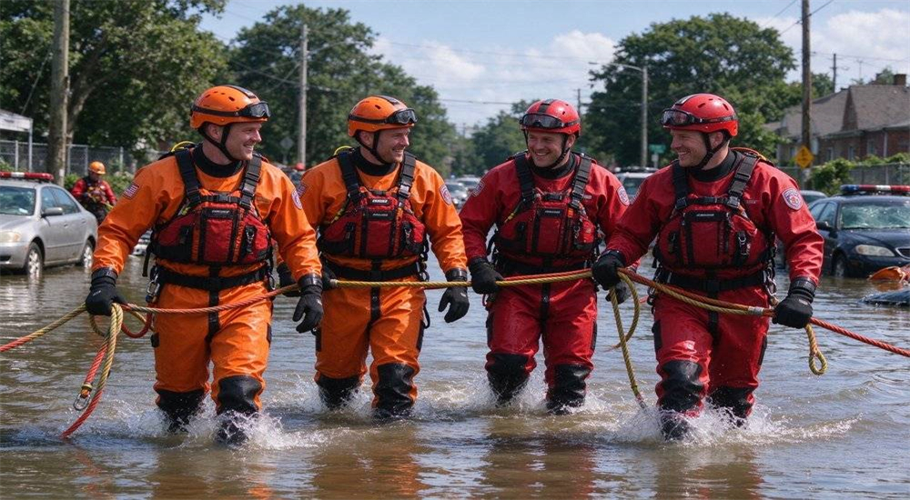 Dry suit flood rescue team operation in urban environment with team members wading through contaminated water wearing full thermal protection gear
