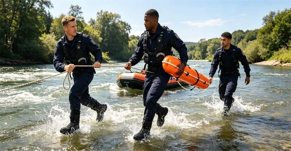 Rescue team wading through rushing river wearing rapid entry water rescue boots for swift water rescue operations and emergency response worldwide