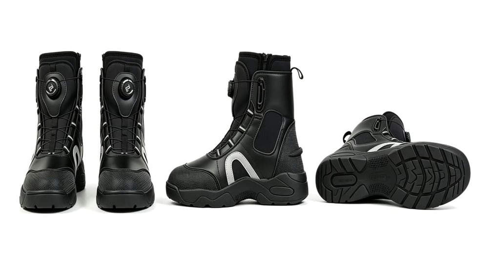 Three-view of rapid entry water rescue boots showing front side and outsole on pure white background for wholesale emergency footwear supply