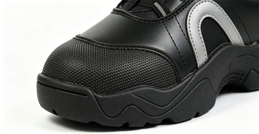 Close-up of feet in rapid entry water rescue boots walking in shallow river water, showing quick drainage and non-slip outsole design
