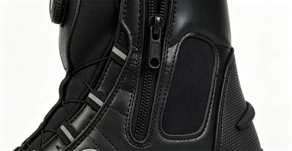 Side angle view of rapid entry water rescue boots showing sleek professional design and BOA dial + rear zipper for quick entry for rescue operations Side angle view of rapid entry water rescue boots showing sleek professional design and BOA dial + rear zipper for quick entry for rescue operations