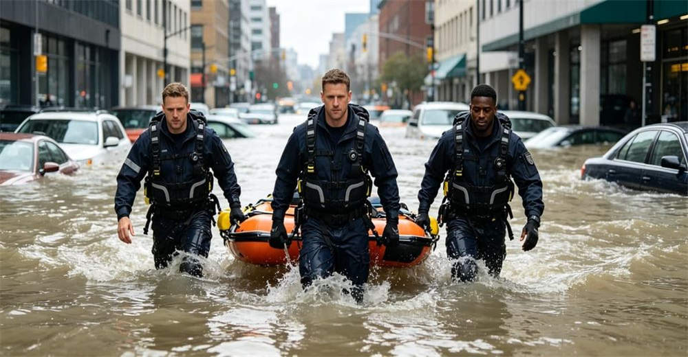 Firefighter wading through urban flood water wearing rapid entry water rescue boots for emergency flood rescue and response operations for professional rescue teams worldwide.