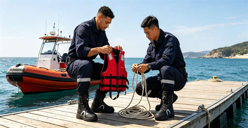 Rescue team checking emergency equipment on river bank wearing rapid entry water rescue boots, preparing for upcoming flood rescue operations Rescue team checking emergency equipment on river bank wearing rapid entry water rescue boots, preparing for upcoming flood rescue operations