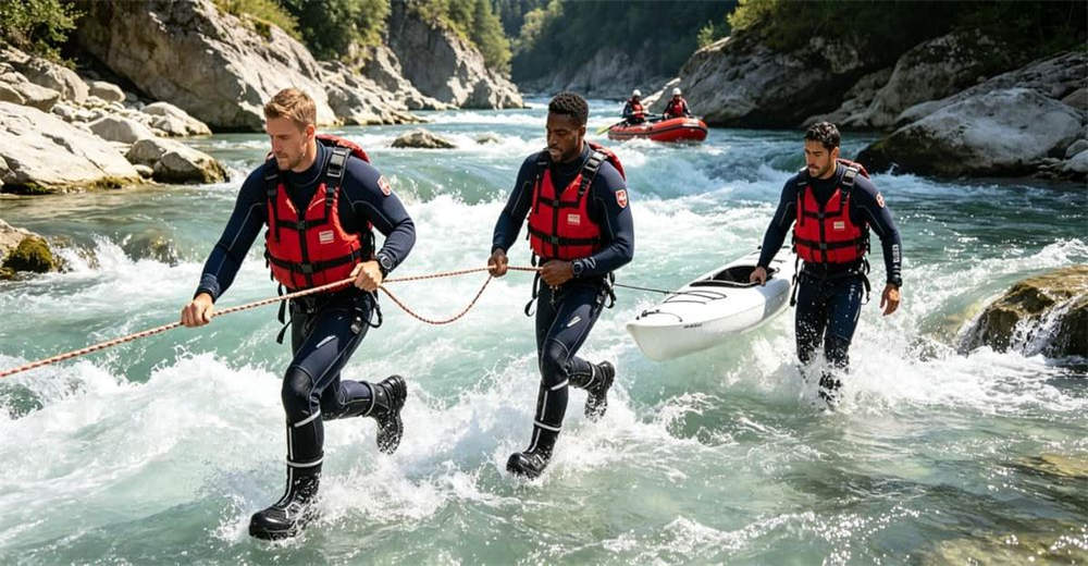 Rescue team wading through rushing river wearing high visibility water rescue boots for swift water rescue operations and emergency response worldwide