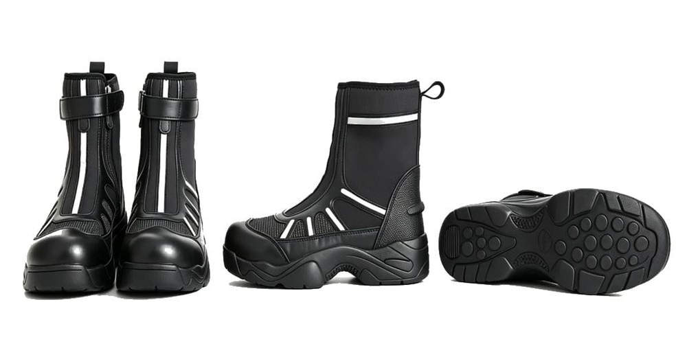 Three-view of high visibility water rescue boots showing front side and outsole on pure white background for wholesale emergency footwear supply