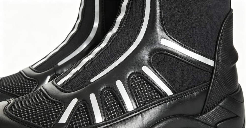 Side angle view of high visibility water rescue boots showing sleek professional design and 3M reflective strips for night operations for rescue operations Side angle view of high visibility water rescue boots showing sleek professional design and 3M reflective strips for night operations for rescue operations