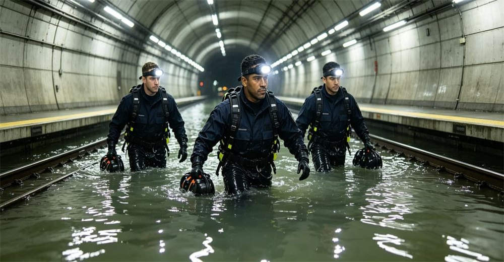 Firefighter wading through urban flood water wearing high visibility water rescue boots for emergency flood rescue and response operations for professional rescue teams worldwide.