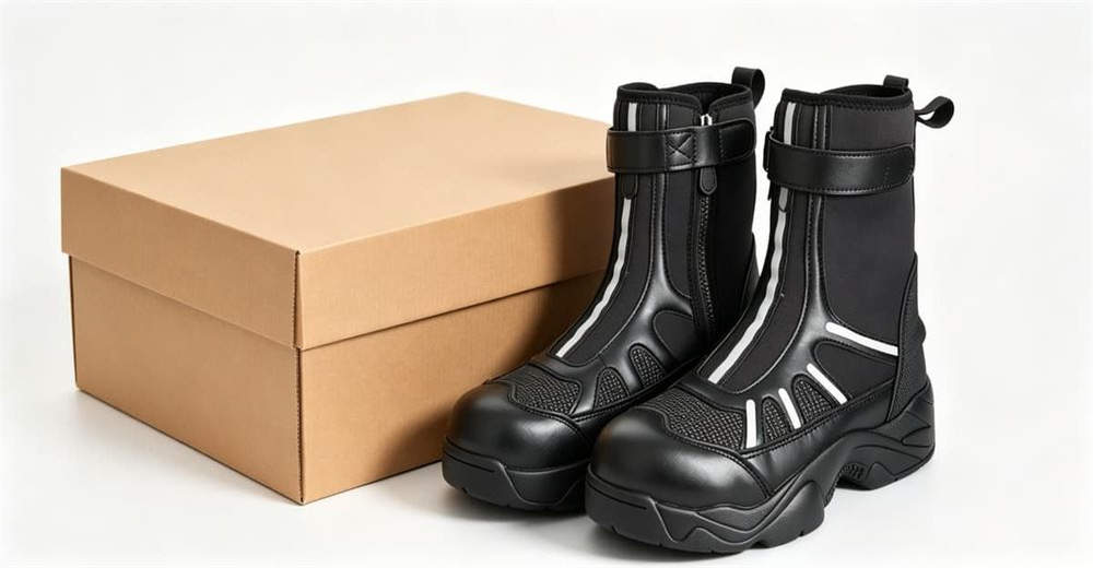 Close-up of high visibility water rescue boots in shallow rocky water, showing waterproof upper and quick drainage design for professional rescue teams worldwide.