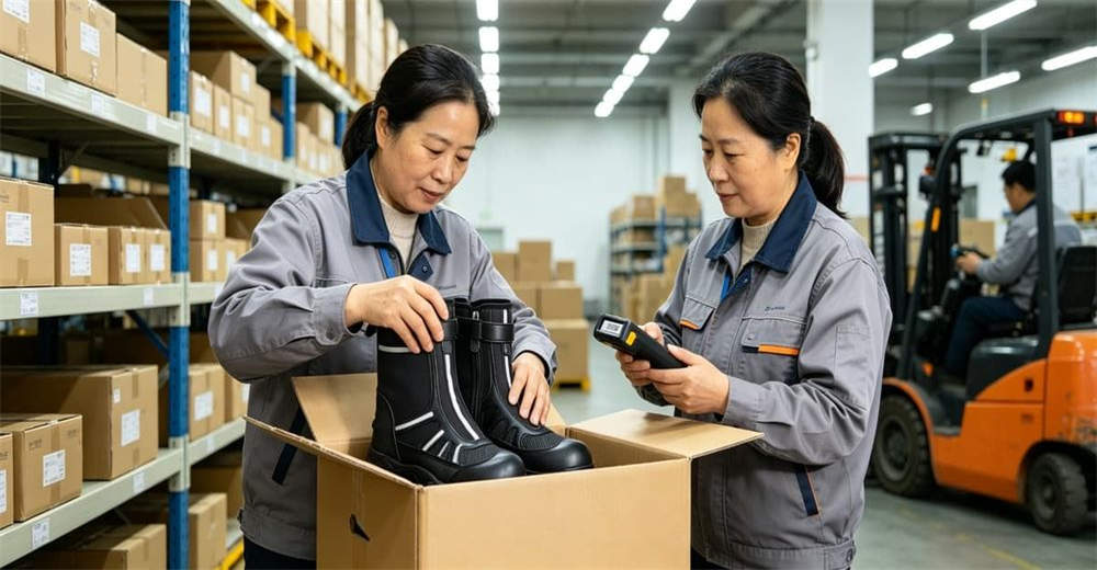 Export cardboard box with high visibility water rescue boots inside, ready for wholesale shipment to international rescue organizations for professional rescue teams worldwide. Export cardboard box with high visibility water rescue boots inside, ready for wholesale shipment to international rescue organizations for professional rescue teams worldwide.