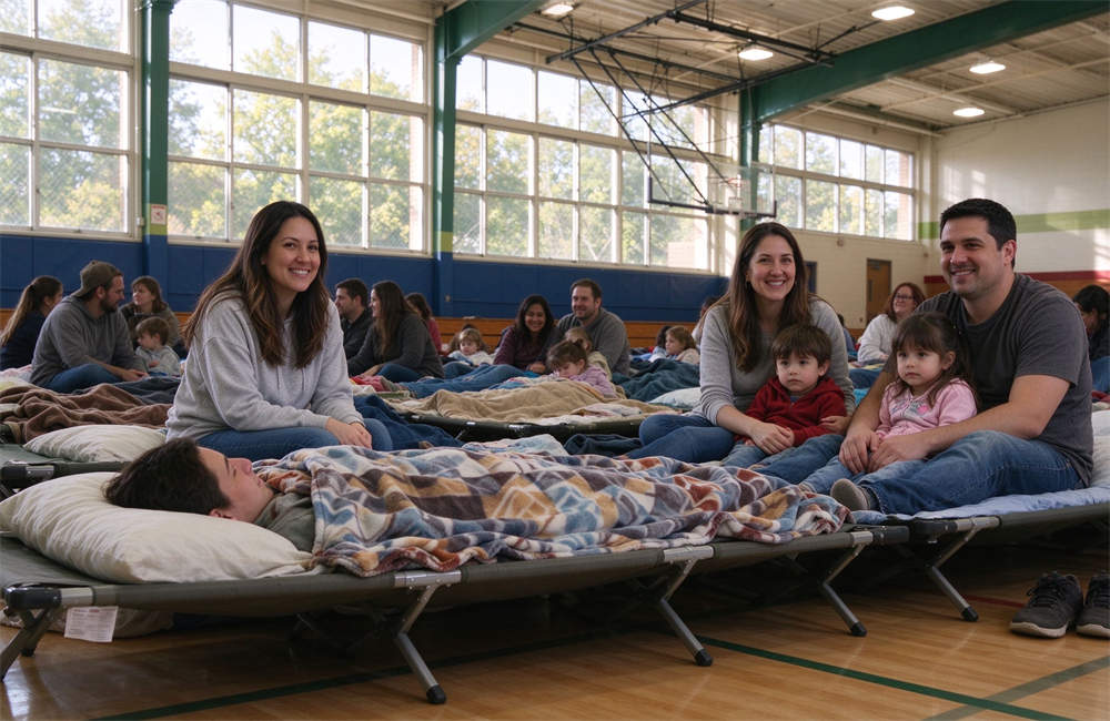 Bright sunny school gymnasium wildfire shelter with families sitting on folding cots covered with blankets, large windows letting in natural light