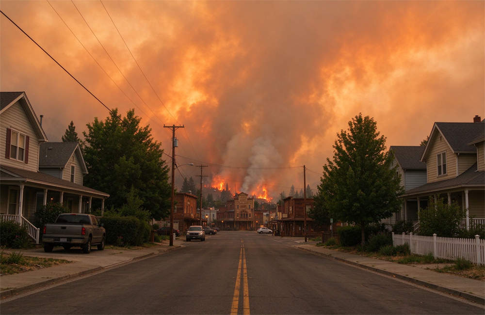 View down empty town main street as massive wildfire with orange smoke and flames threatens residential buildings, wildfire evacuation preparedness