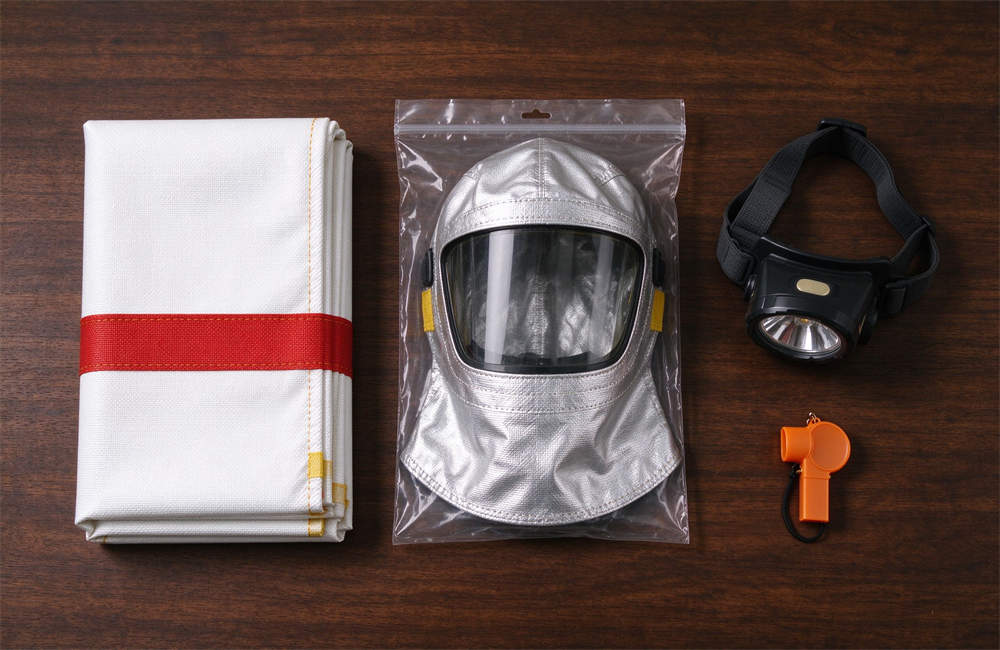 Top-down flat lay of wildfire kit: folded white fire blanket, silver smoke hood in packaging, black headlamp, orange whistle on dark wood