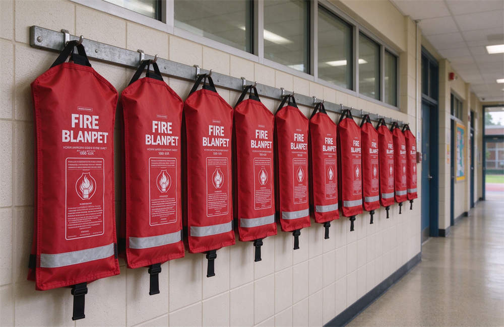 Multiple red fire blanket packs with instruction labels mounted on quick-release hooks in school hallway, fire safety preparedness for classrooms and buildings