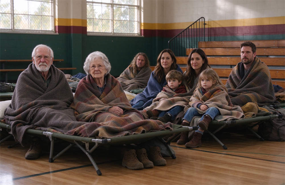 Diverse group of people in school gym wildfire shelter, elderly couple, family with two kids, single adult man, mixed genders and ages, all wrapped in wool blankets Diverse group of people in school gym wildfire shelter, elderly couple, family with two kids, single adult man, mixed genders and ages, all wrapped in wool blankets