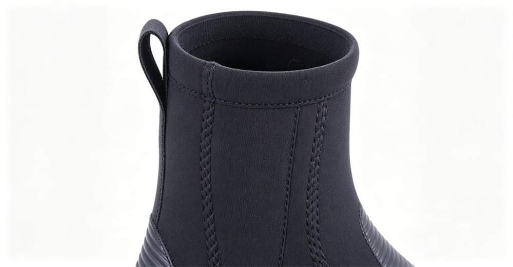 Close-up detail of neoprene wading boots showing short ankle height for shallow water and premium materials built for emergency rescue operations Close-up detail of neoprene wading boots showing short ankle height for shallow water and premium materials built for emergency rescue operations