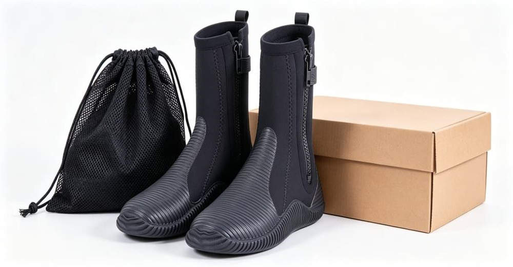 Close-up of neoprene wading boots in shallow rocky water, showing waterproof upper and quick drainage design for professional rescue teams worldwide. Close-up of neoprene wading boots in shallow rocky water, showing waterproof upper and quick drainage design for professional rescue teams worldwide.