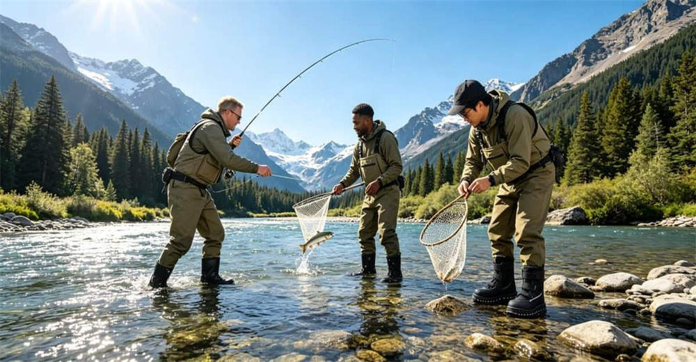 Rescue team wading through rushing river wearing ice rescue boots for swift water rescue operations and emergency response worldwide for professional rescue teams worldwide.