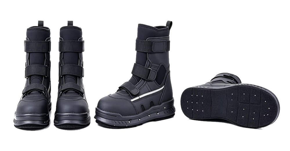 Three-view of ice rescue boots showing front side and outsole on pure white background for wholesale emergency footwear supply for professional rescue teams worldwide.