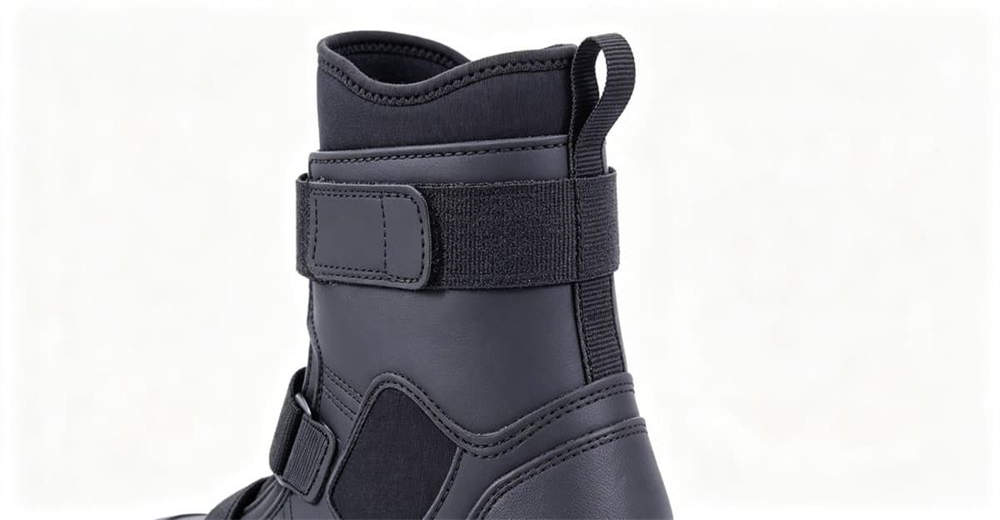 Side angle view of ice rescue boots showing sleek professional design and steel studs for ice and frozen terrain for rescue operations