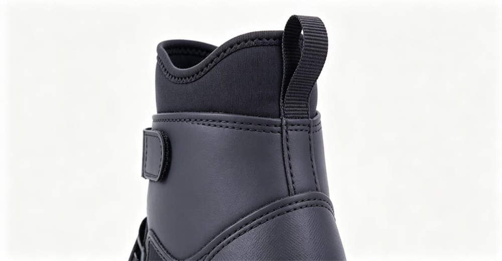Close-up detail of ice rescue boots showing steel studs for ice and frozen terrain and premium materials built for emergency rescue operations