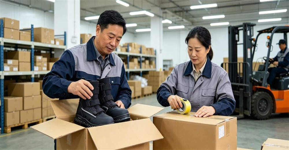 Export cardboard box with ice rescue boots inside, ready for wholesale shipment to international rescue organizations for professional rescue teams worldwide.