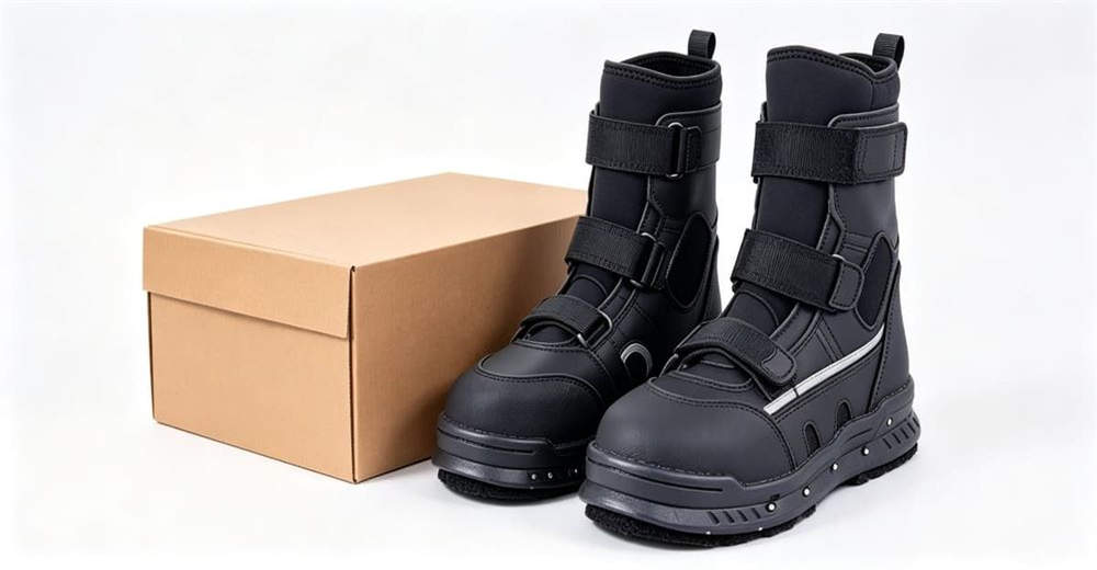 Close-up of ice rescue boots in shallow rocky water, showing waterproof upper and quick drainage design for professional rescue teams worldwide.