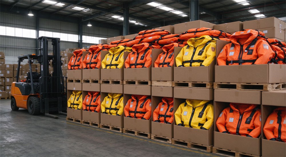 Government ice rescue equipment procurement display showing complete three-person team kit with suits helmets poles ropes and storage case arranged for evaluation and tender specification