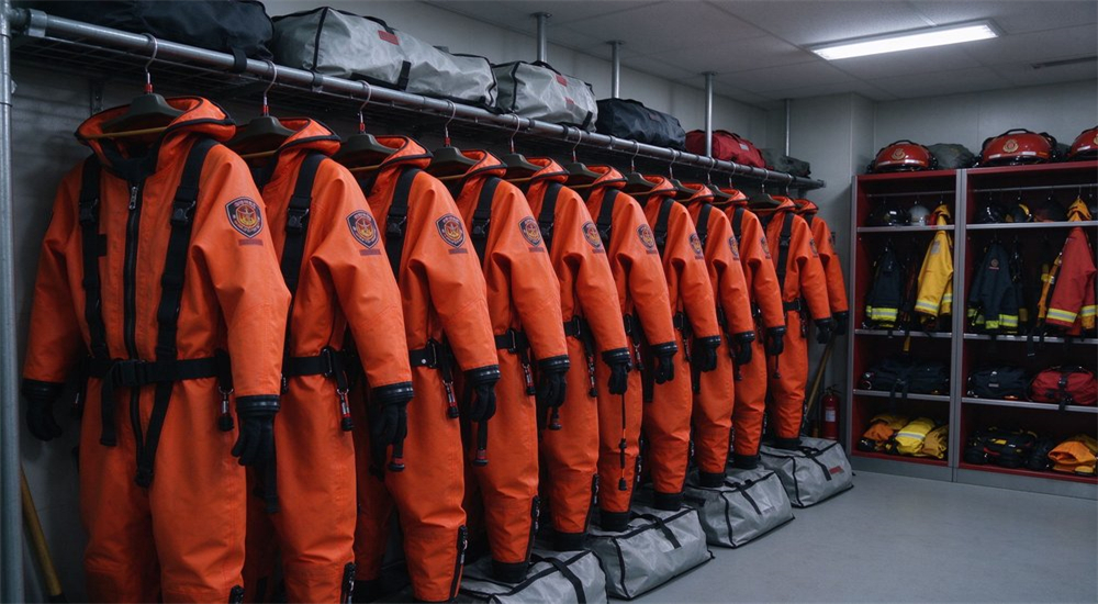 Ice rescue suit storage hangers in equipment room showing proper off-season storage with suits hanging flat away from direct sunlight and heavy weight for government stockpile maintenance