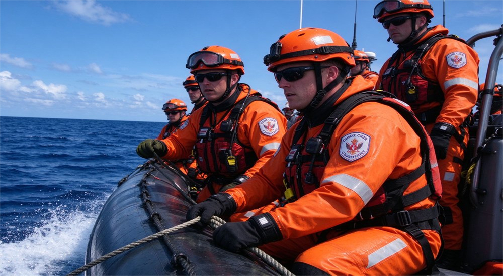 Coast guard search and rescue team in orange dry suits conducting open ocean operations with rescue boat support demonstrating professional maritime rescue equipment and high buoyancy personal flotation device deployment