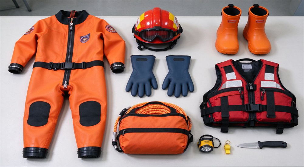 Complete personal protective equipment flat lay showing dry suit PFD helmet gloves boots and rescue tools organized for coastal maritime rescue team equipment inspection and government procurement review