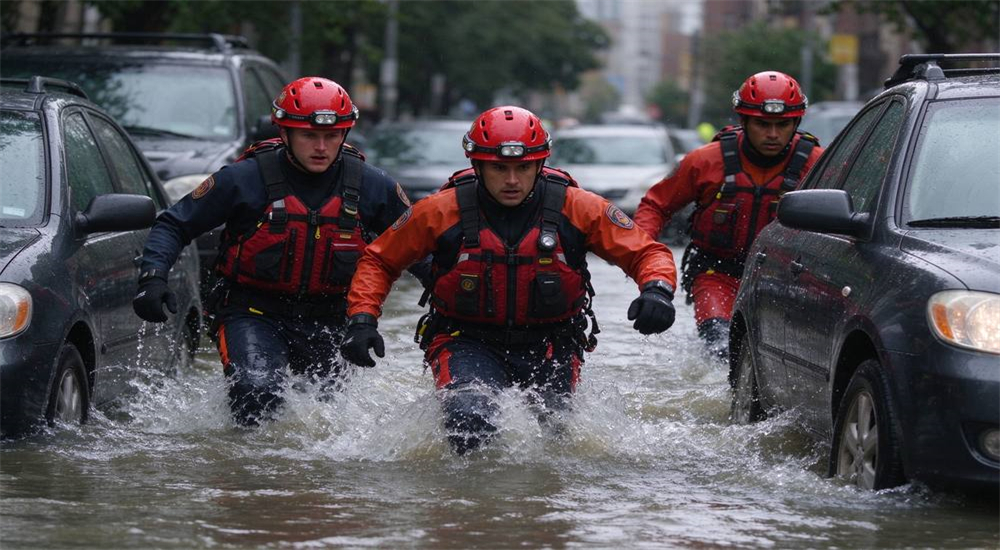Water rescue helmet in action during swiftwater flood rescue operation showing full coverage head protection with ear guards and mounted headlamp for maritime safety equipment deployment
