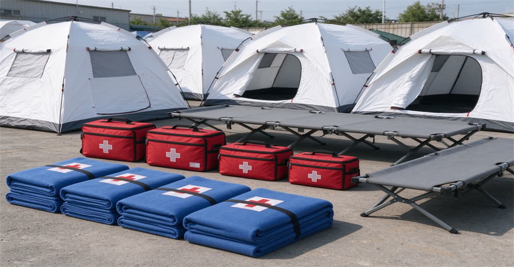 Flat lay product family of NGO emergency supplies including blue blankets folding cots tents solar lanterns and first aid kits on white background for wholesale procurement