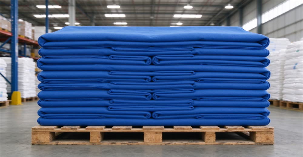 Front view of simple solid blue emergency wool blankets folded and stacked on pallet showing standard humanitarian relief blankets