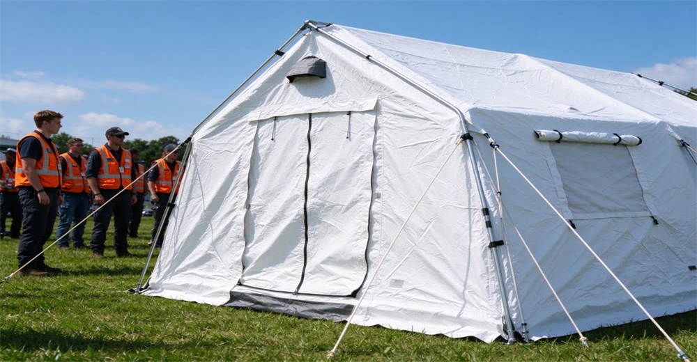 Wide view of white family relief tent pitched on green grass with blue sky showing durable emergency shelter tents