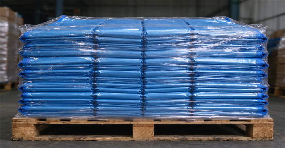 Wide view of shrink-wrapped pallet of blue emergency blankets with blue wrapping film visible showing compressed packaging