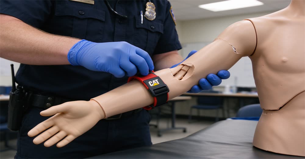 Close-up of responder applying CAT tourniquet to bleeding arm during training showing hemorrhage control technique