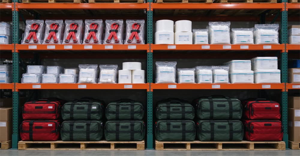 Wide warehouse view of shelves stocked with trauma kits bandages and first aid supplies products visible showing bulk medical equipment Wide warehouse view of shelves stocked with trauma kits bandages and first aid supplies products visible showing bulk medical equipment