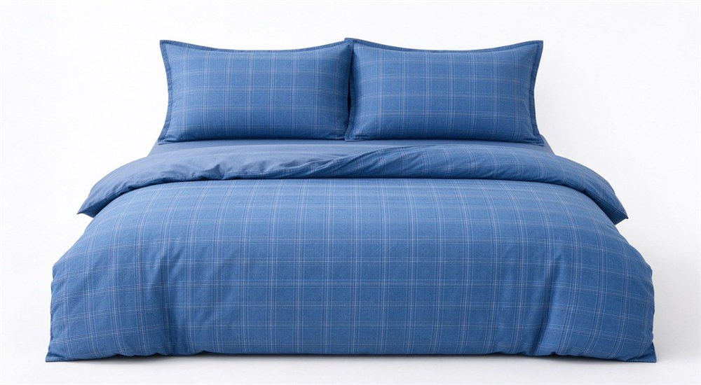 Blue plaid school bedding 3 piece set on clean white background for wholesale school bedding supplier catalogs, showing fitted sheet, flat sheet and pillowcase for dormitory textile bulk orders