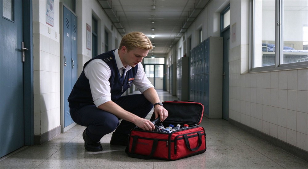 Dormitory staff checking floor emergency kit in school corridor for emergency preparedness and school emergency kit supplier procurement