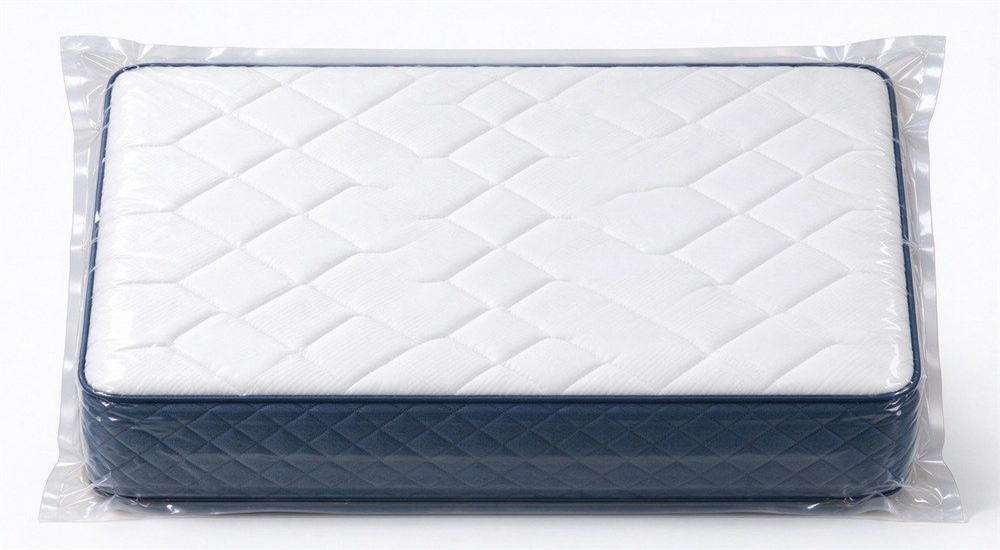 Vacuum compressed school mattress plastic packaging for school mattress shipping, showing space-saving vacuum packing for bulk bunk bed mattress logistics and dormitory bedding procurement