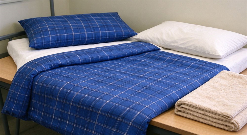 Blue plaid school bedding 3 piece set square main image for wholesale school bedding sets, showing fitted sheet flat sheet and pillowcase for school dormitory bedding suppliers and bulk textile buyers