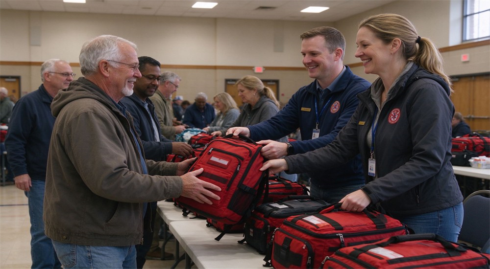 Community relief center staff distributing red 72-hour emergency kits to residents at long tables, wholesale survival kits for emergency response programs