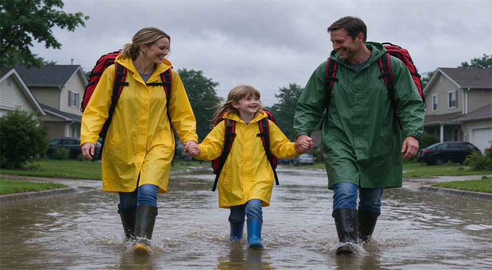 Family of three in rain ponchos carrying emergency backpacks through shallow flood water, flood emergency supplies for household evacuation preparedness