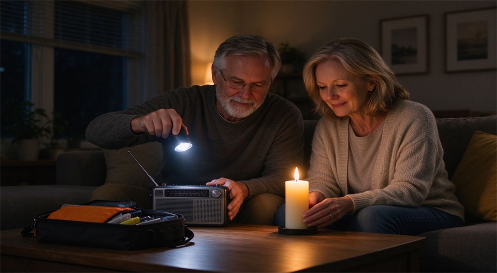 Couple using a hand crank radio and flashlight by candlelight during a power outage, emergency communication and lighting for family disaster kits Couple using a hand crank radio and flashlight by candlelight during a power outage, emergency communication and lighting for family disaster kits