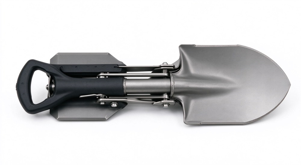Folding emergency shovel with metal blade and black handle displayed flat on white background, multi-purpose digging tool for emergency preparedness Folding emergency shovel with metal blade and black handle displayed flat on white background, multi-purpose digging tool for emergency preparedness