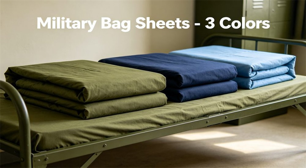 Military bed sheets in olive navy and grey polyester colours displayed on a cot for bulk military textiles order selection for military textiles wholesale buyers comparing fabric options Military bed sheets in olive navy and grey polyester colours displayed on a cot for bulk military textiles order selection for military textiles wholesale buyers comparing fabric options